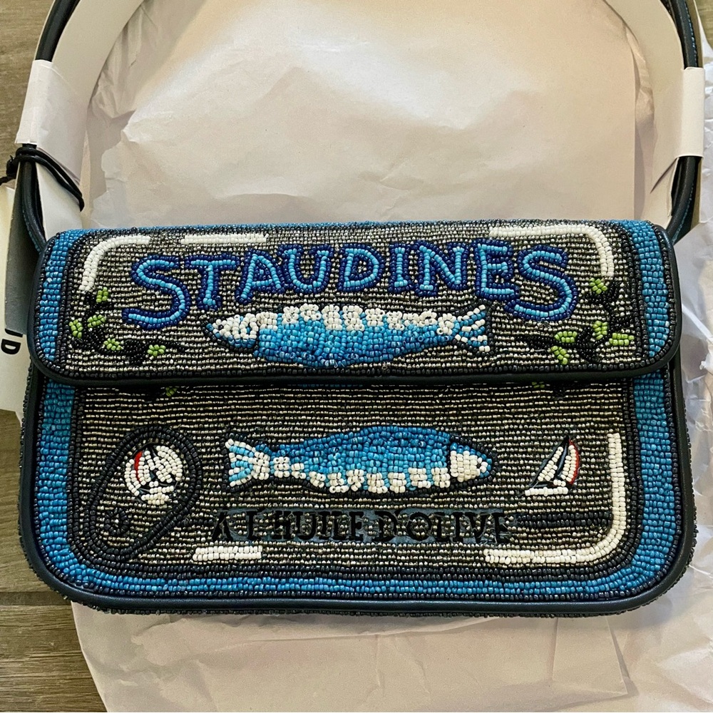 STAUD BEADED TOMMY BAG STAUDINES BLACK BLUE - Picture 6 of 7
